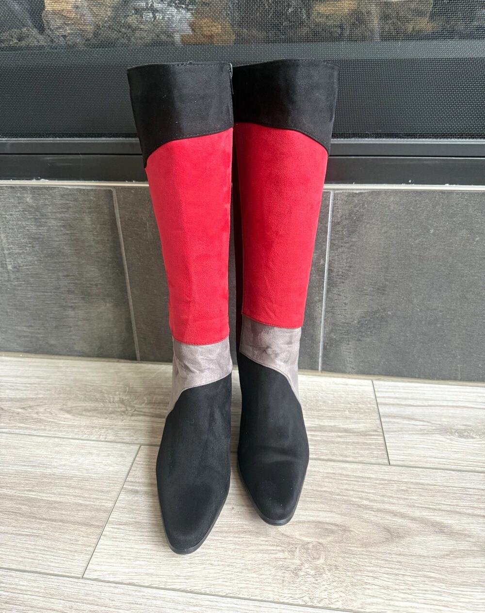 Suede Over The Knee Colorblock Boots Black Red Gray Pointed Toe Zip Sz 9 M